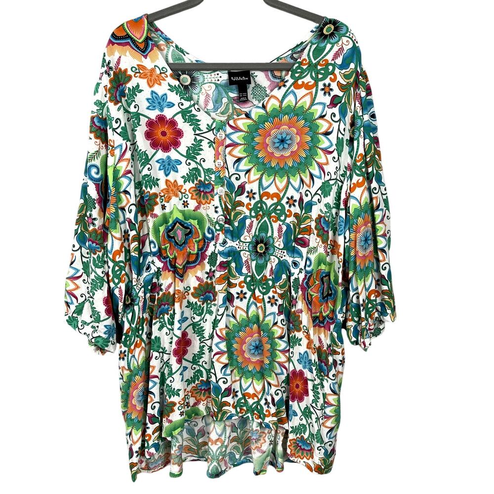 Ulla Popken Floral Blouse Size 24/26 Multicolor Print Artsy Boho Tunic Top